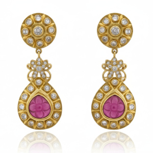 Imperial Pink Floral Carved Drop Earrings with Kundan Accents