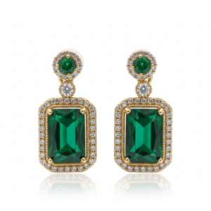 Royal Emerald Green Rectangular Halo Drop Earrings