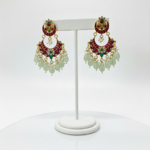 Maroon Meenakari & Mint Bead Chandbali Earrings