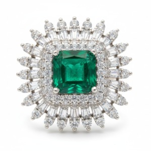 Vivid Emerald & Diamond Architectural Sunburst Ring