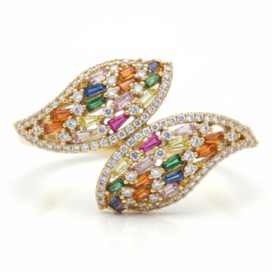 Elegant Multi-Color Baguette & Round Cut Zirconia Bypass Ring in Gold Finish