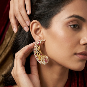 Antique Gold-Plated Peacock Motif Ear Cuffs with Kundan and Ruby Inlay