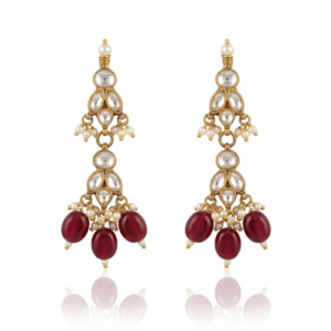 Traditional Polki Kundan Tiered Chandelier Earrings with Maroon Ruby Beads