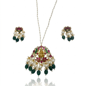 Goddess Lakshmi Temple Pendant & Pearl Mala Set