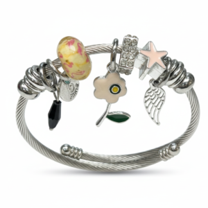 Pastel Garden Whimsy: Adjustable Silver Cable Charm Bangle