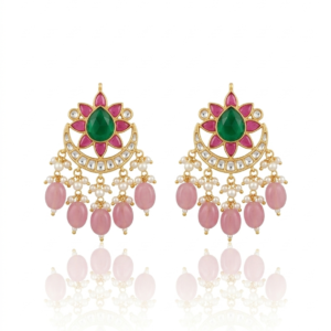 Traditional Floral Kundan & Meenakari Crescent Drop Earrings with Pink Quartz Beads