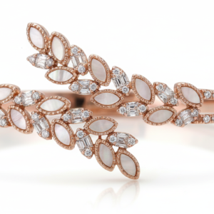 Rose Gold Laurel Leaf Bypass Bangle with Mother-of-Pearl & Diamonds