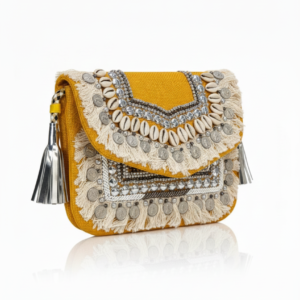 Golden Mustard Shell & Coin Boho Clutch