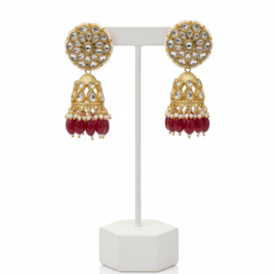 Floral Kundan Jhumka Earrings with Ruby-Red Droplets