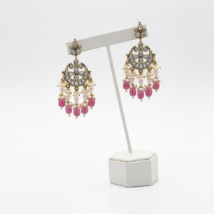 Floral Kundan & Ombré Pink Bead Chandbali Earrings