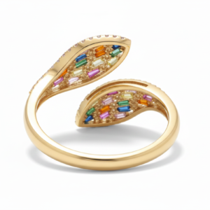 Elegant Multi-Color Baguette & Round Cut Zirconia Bypass Ring in Gold Finish