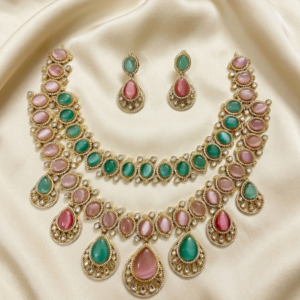 Ethereal Pastel Cabochon & Polki Layered Necklace Set