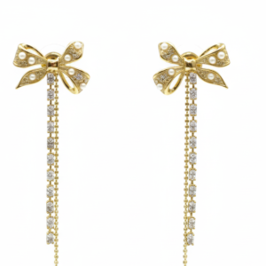 Gold-Plated Pearl & Crystal Bow Tassel Earrings