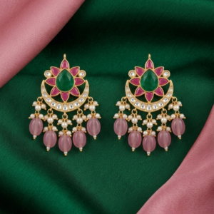 Traditional Floral Kundan & Meenakari Crescent Drop Earrings with Pink Quartz Beads