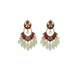 Maroon Meenakari & Mint Bead Chandbali Earrings