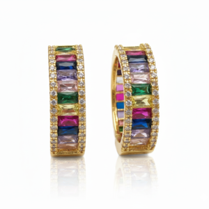 Multicolor Rainbow Baguette Gold Huggie Hoops