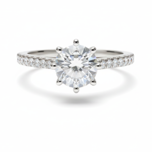 Elegant 4-Prong Round Brilliant Solitaire Ring with Tapered Pavé Band