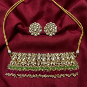 Navaratna-Style Kundan Choker & Floral Stud Set