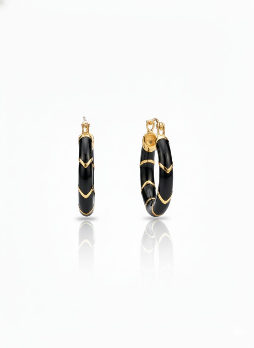Bold Chevron Black Enamel & Gold-Plated Hoop Earrings - Image 3