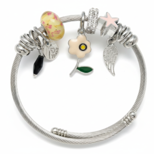 Pastel Garden Whimsy: Adjustable Silver Cable Charm Bangle