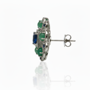 Exquisite Rhodium-Finished Floral Stud Earrings with Blue Sapphire & Emerald-Green Cabochons
