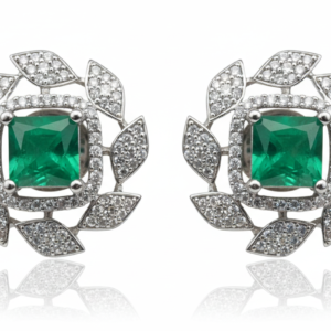 Emerald Green Square Halo Leaf Motif Stud Earrings