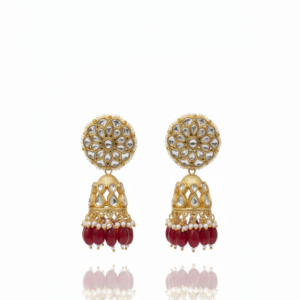 Floral Kundan Jhumka Earrings with Ruby-Red Droplets