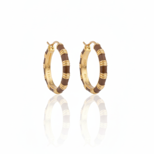 Sophisticated Coffee Brown Enamel & Gold Striped Hoop Earrings