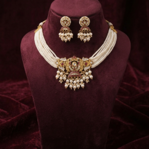 Ruby-Enamel Kundan Multi-Strand Pearl Choker Set