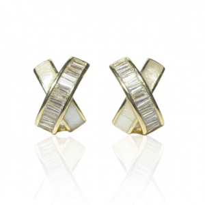 Baguette Diamond & White Enamel Criss-Cross Stud Earrings