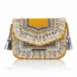 Golden Mustard Shell & Coin Boho Clutch