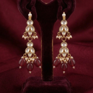 Traditional Polki Kundan Tiered Chandelier Earrings with Maroon Ruby Beads