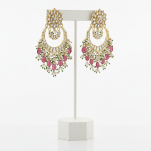 Kundan & Pink Ruby Chandbali Earrings with Pearl Droplets
