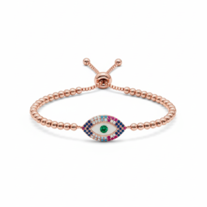 Iridescent Marquise Evil Eye Rose Gold Bead Bracelet