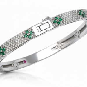 Floral Emerald & Pavé Diamond Hinged Bangle