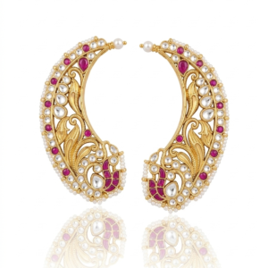 Antique Gold-Plated Peacock Motif Ear Cuffs with Kundan and Ruby Inlay