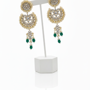 Regal Kundan Chandbali Earrings with Emerald-Green Drops