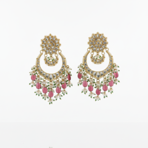 Kundan & Pink Ruby Chandbali Earrings with Pearl Droplets