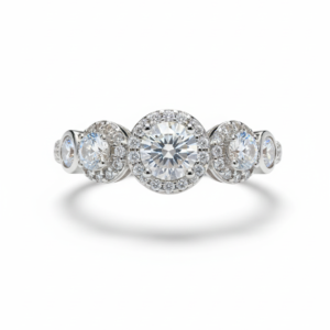 Timeless Three-Stone Diamond Halo Engagement Ring