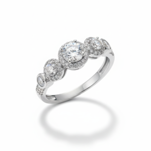 Timeless Three-Stone Diamond Halo Engagement Ring