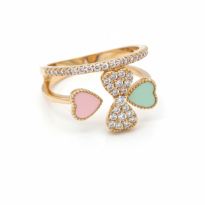 Whimsical Enamel & Diamond Heart Clover Bypass Ring