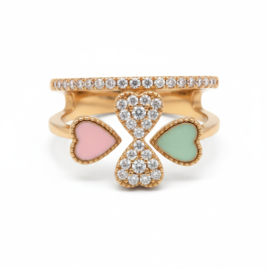 Whimsical Enamel & Diamond Heart Clover Bypass Ring