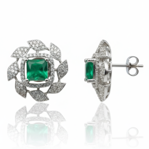 Emerald Green Square Halo Leaf Motif Stud Earrings