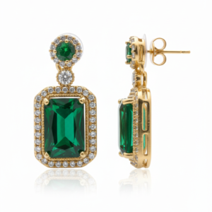 Royal Emerald Green Rectangular Halo Drop Earrings