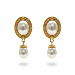 Vintage Regal Pearl Drop Earrings with Intricate Gold-Tone Filigree Border