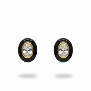 Vintage-Inspired Oval Black Enamel Stud Earrings with Center Cubic Zirconia in Gold Finish
