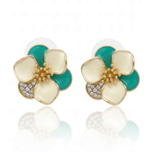 Teal & Ivory Blossom Enamel Studs with Crystal Dewdrops S