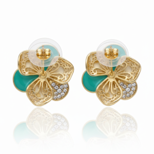 Teal & Ivory Blossom Enamel Studs with Crystal Dewdrops S