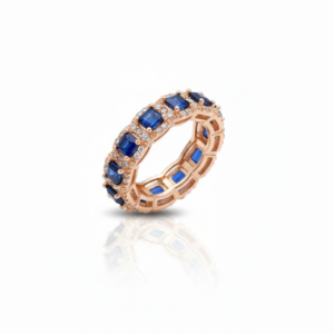 Exquisite Sapphire Blue Emerald-Cut Eternity Band in Rose Gold Finish