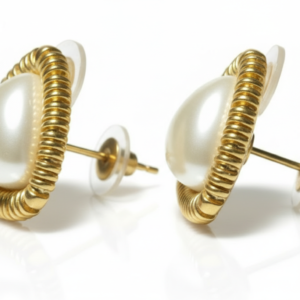 Architectural Ribbed Gold & Triangle Pearl Studs